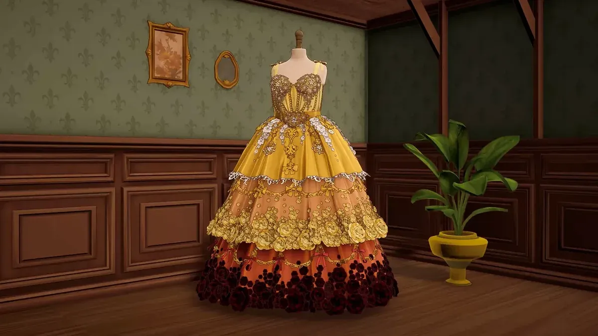 A golden layered ball gown displayed on a dress form in the Dressmaker shop
