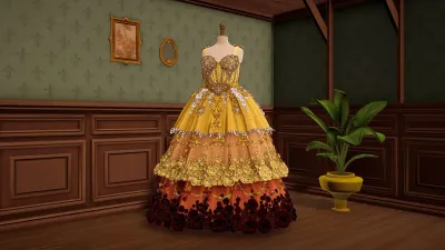 A golden layered ball gown displayed on a dress form in the Dressmaker shop