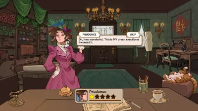 A Dressmaker customer standing in the shop with a finished dress, a star rating and a dialogue box