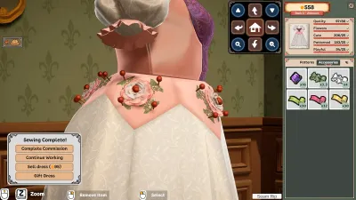 Dressmaker accessory placement screen with the dress close-up and the trim and button palette